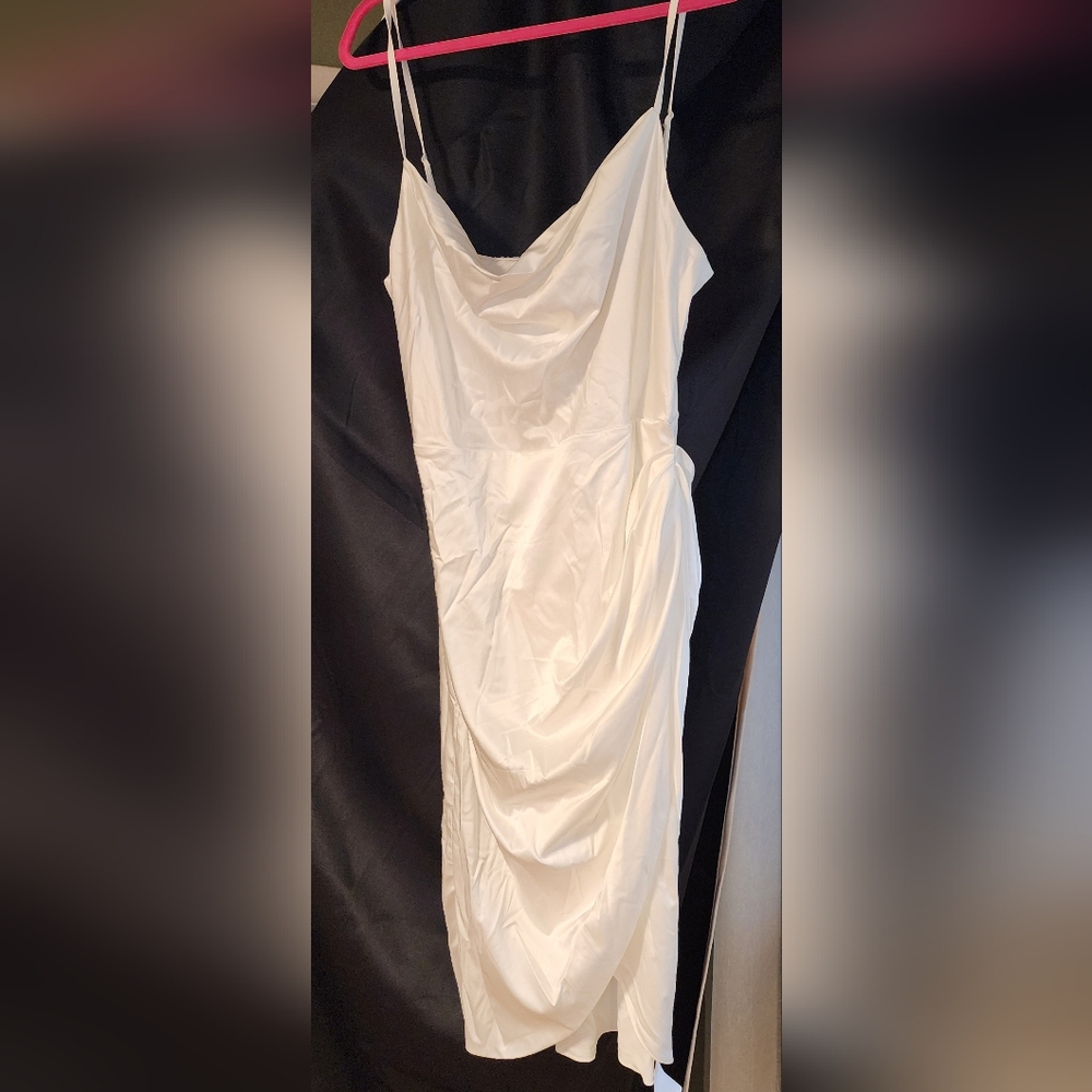 New White Satin Cocktail Dress with Slit